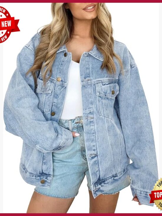 Jackets & Blazers - Oversized Denim Jacket, Boyfriend Fit, Cotton, Distressed Details, Chest Pockets